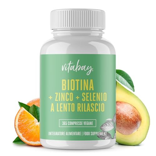 Vitabay Biotina 10.000 mcg - 365 Compresse di Vitamina B7 ad Alto Dosaggio, Vegane e a Lento Rilascio – Integratore Biotina Con Zinco Bisglicinato (10 mg) e Selenio (110 mcg) – Testato in Laboratorio