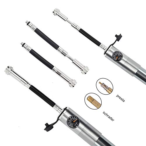 Fahrradpumpe MTB Fahrrad Minipumpe Fahrrad-bewegliche Luftpumpe mit Manometer Reife Kugel Inflator for AV/FV Aluminium CNC Schrader Presta-Ventil