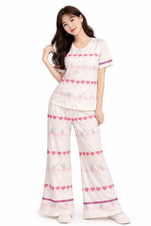Women's Cute Heart Print Pajama Set, Soft Button-Down Top with Wide-Leg Pants, Casual Sleepwear for Adults-image-2