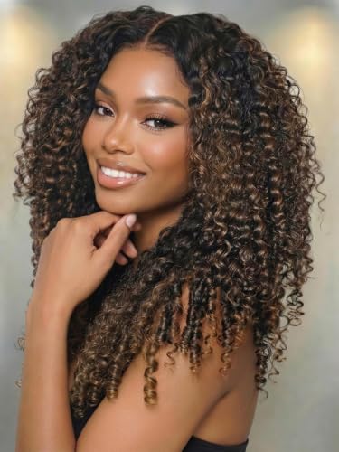 Image of KLAIYI Ombre Brown Burmese Curly Pre Cut 7x5 Lace Front Wigs Human Hair 18 inch | Bye Bye Slip Glueless Drawstring Wig Finger Coil End Black to Chestnut Brown Pre Plucked Bleached Knots Ready to Wear Go Wig