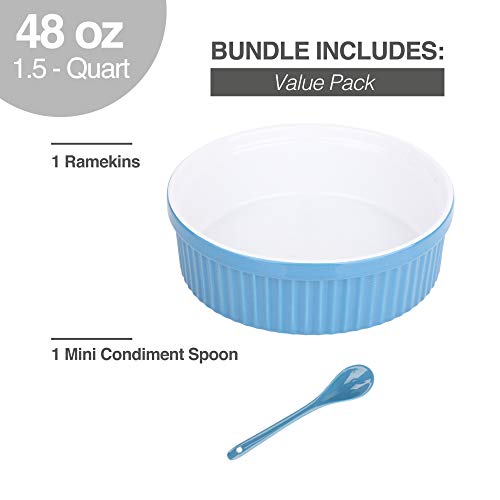 Souffle Dish Ramekins for Baking – 48 Oz, 1.5 Quart Large Ceramic Oven Safe Round Fluted Bowl with Mini Condiment Spoon for Soufflé Pot Pie Casserole Pasta Roasted Vegetables Baked Desserts (Blue)