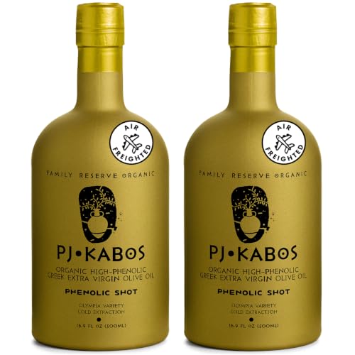 P.J. KABOS 2025-26 Harvest, Extremely High Phenolic (900+ mg-kg), USDA Organic Greek Extra Virgin Olive Oil, Kosher, Cold Extracted, 16.9oz Bottle, PJ KABOS “Family Reserve Organic - Phenolic Shot” (2PACK)