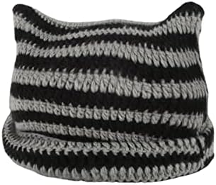 Women Girls Boys Teens Cute CAT Kitty Ears Hats, Winter Warm Knitted Stripe Grunge Accessories Slouchy Headgear (Black Stripe,One Size)