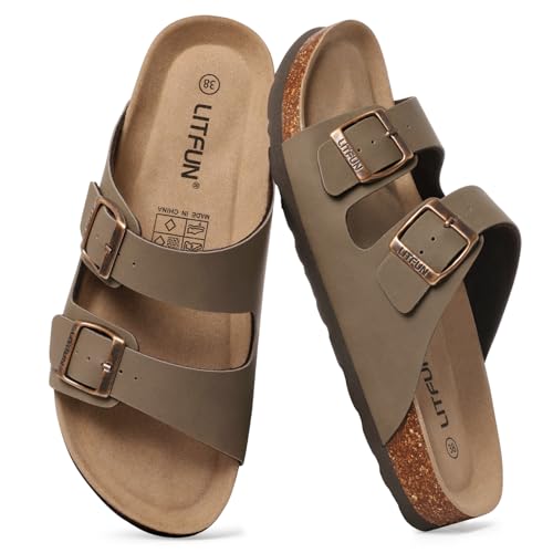 Litfun Women\'s Cork Footbed Sandal Summer Slip On Slide Sandals with Adjustable Buckle, Taupe Size 8-8.5 - Thumbnail 4