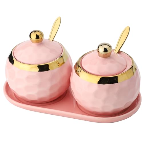 Sailench 10oz Ceramic Sugar Bowl, Golf Design Porcelain Salt Bowl Salt Container Sugar Bowl with Lid and Spoon for Home and Kitchen Coffee Bar (Pink (2pcs)), SG01 by Sailench - Used condition - CA$30.59