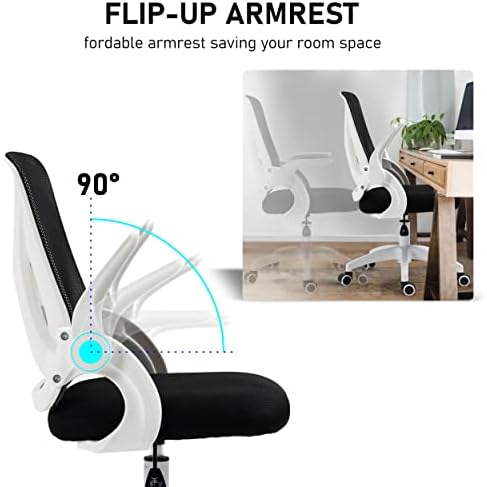 Office Desk Chair, Ergonomic Mesh Chair With 90° Flip-up Armrest Swivel Computer Chair With Lumbar Support, Adjustable Height, Back Support 360° Rotation Gaming Chair For Home Office (White)