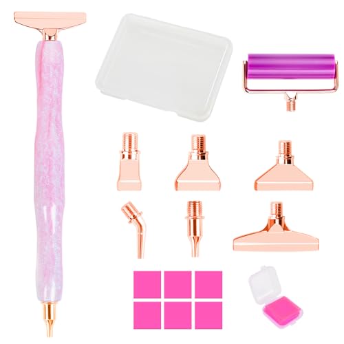 Ninonly Diamond Art Pen, Diamond Painting Pen with 6 Metal Tips, 6 Painting Glue Clay, Roller, 5D Diamond Art Accessories and Tools for DIY Craft, Pink