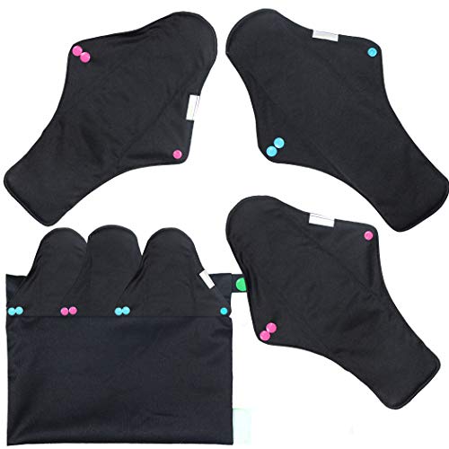 wegreeco Bamboo Reusable Sanitary Pads (Stylish Pattern) - Cloth Sanitary Pads | Light Incontinence Pads | Reusable Menstrual Pads - 6 Pack Pads, 1 Cloth Mini Wet Bag (X-Large, Black)