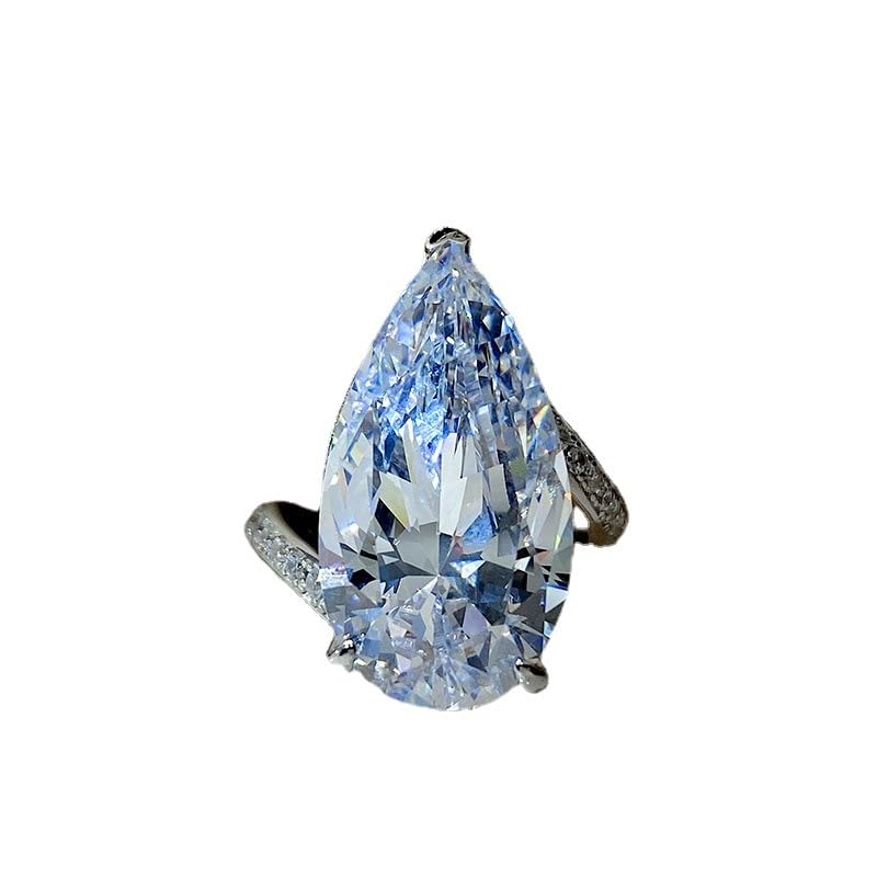Pear Cut Crystal Ring, Large Blue Stone, Sterling Silver Band with Accent Diamonds