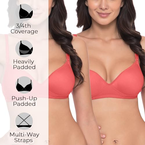 Image of Komli - Heavily Padded Push-Up Bra - Cotton Rich - Balconette - 3 /4th Coverage, Seamless, Wireless, Multiway Straps - T-Shirt Bra (Pack of 2)