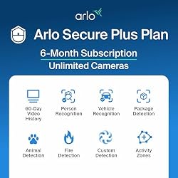 Arlo Early Warning System Plan - 6 Mo Secure Plus, Unlimited Cameras | AI detection: person, vehicle, package, animal & fire; 60-day video history; Activity zones; Custom detection