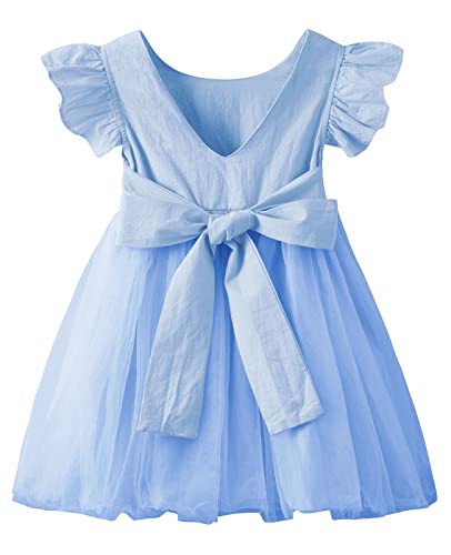 Lyxiof Toddler Baby Girl Tutu Tulle Dress Cotton Linen Ruffle Back Bowknot Princess Party Dresses Grey Blue 80Cm #TOP14