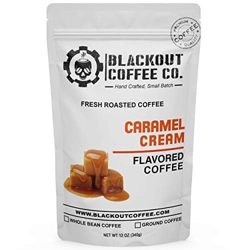 Blackout Coffee Caramel Cream Flavored Ground Coffee – Medium Roast, Smooth Taste, Guilt-Free Indulgence – Freshly Roasted 12oz Bag.