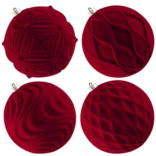 Lanpn 4 STK 20cm Große Samt Weihnachtskugeln, Grosse Beflockt Weihnachtsbaum Kugeln, XXL Christbaumkugeln, Riesen Tannenbaum Kugel Weihnachtsdeko Christbaum-Schmuck für Winterurlaub Party, Rot