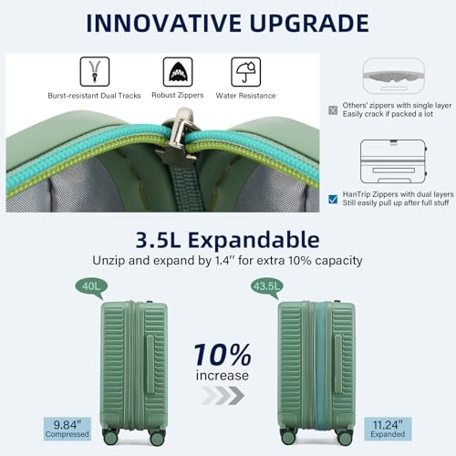 HanTrip Hard Shell Suitcases Airline Approved 20 Inch Carry on Luggage, Expandable Travel Luggage with Cup Holder Charger Built in, Small Lightweight Suitcases with Wheels, Forest Green — view 4