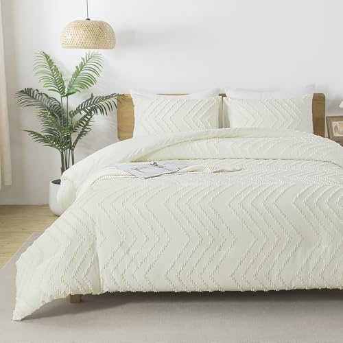 Image of Andency Ivory Oversized Super King Comforter Set, Boho Soft Warm Tufted Neutral Bedding Comforter Sets, 3 Pieces Aesthetic Chevron Farmhouse Cute Bohemian Textured Bedding Set