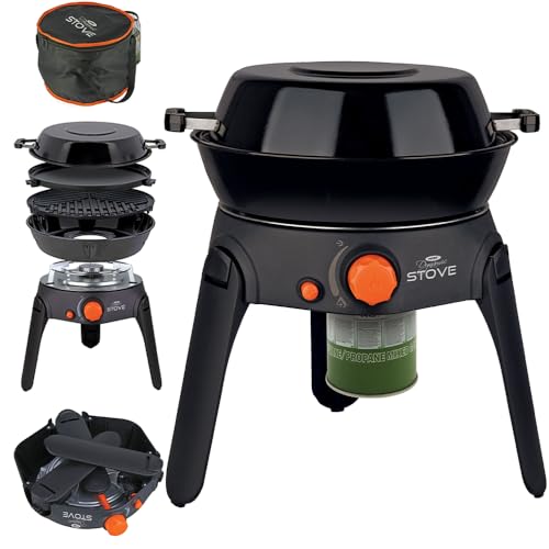Cooking Stove Station Portable Outdoor with Enamelled Pot, BBQ Grid & Grill Plate – 2.2kW Power, Push-Button Piezo Ignition, Foldable Legs & Storage Bag – Ideal for Camping & Fishing NGT