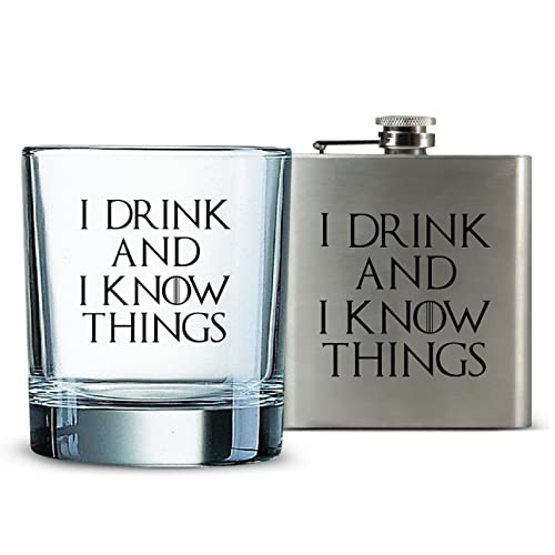 I Drink And I Know Things | 11 Oz Whiskey Glass & Stainless Steel Hip Flask Gift Set | Funny Novelty Gift For Game Of Thrones Fan, Whiskey, Bourbon, Scotch, Rum, Tequila, Cognac And Mixed Drink Lovers #TOP12