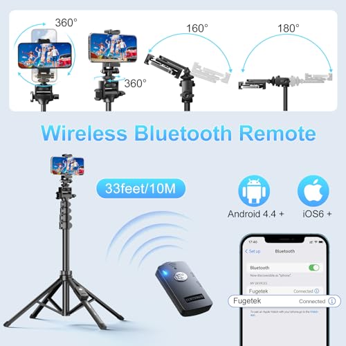 Fugetek 62\" Professional Cell Phone Tripod, Ultra Stable 4 Leg Design, Bluetooth Remote, 100% All Aluminum Stick & Legs, Portable All in One, 360° Phone Mount with 2 Cold Shoe Slots, Non Skid Feet