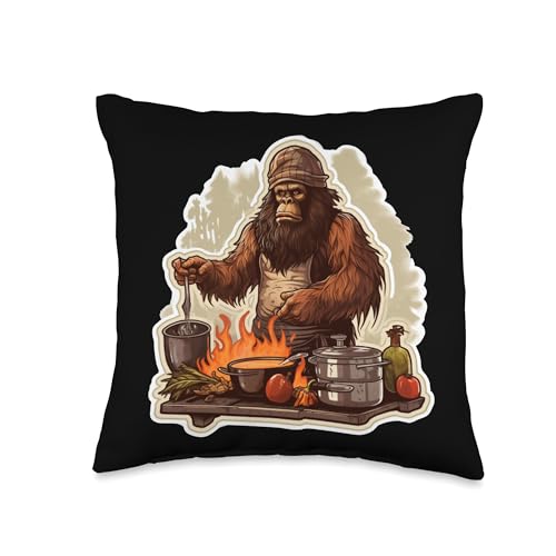 Bigfoot Sasquatch Halloween Chef Cooking Apparel Bigfoot Chef Sasquatch Cooking Food Funny Foodie Throw Pillow, 16x16, Multicolor