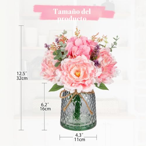 Flores de seda rosa Oaise y plantas artificiales decorativas con jarrón para salas de estar 6