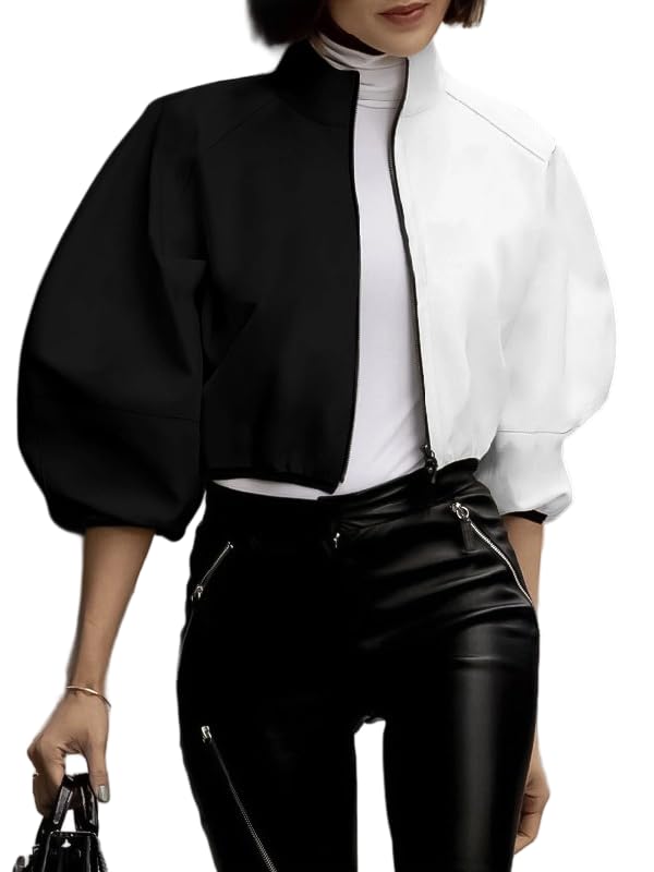 UOOZEE Women's 3/4 Puff Sleeve Stand Collar Zip Up Jackets Outerwear Cropped Bomber Lightweight Jacket 2025