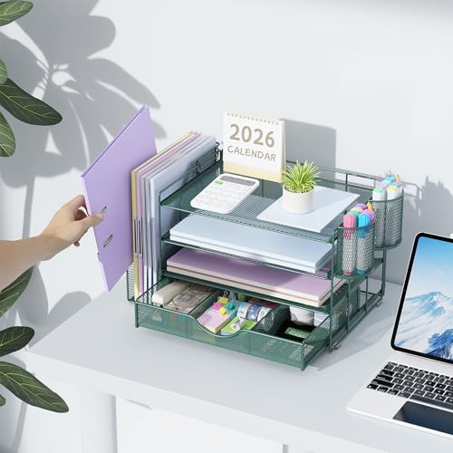 Image of gianotter 4-Tier Desk Organizer with Drawers, File Holders, Letter Trays and Pen Holders - Workspace Accessories for Office Supplies (Green)