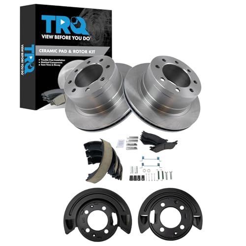 Image of TRQ Rear Brake Pad and Rotor Kit Brake Pads Rotor Backing Plate Parking Shoe Hardware Kit Parking Shoe Set Ceramic Compatible with 2003-2005 Dodge Ram 2500 Ram 3500