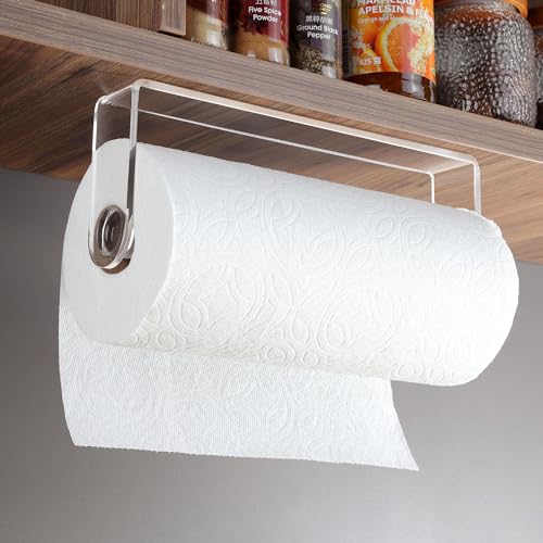 Image of ZUNTO Acrylic Paper Towel Holder - Adhesive Paper Towel Roll Holder Under Cabinet, Clear Plastic Wall Mounted Paper Towel Rack for Kitchen, Frees up Counter Space