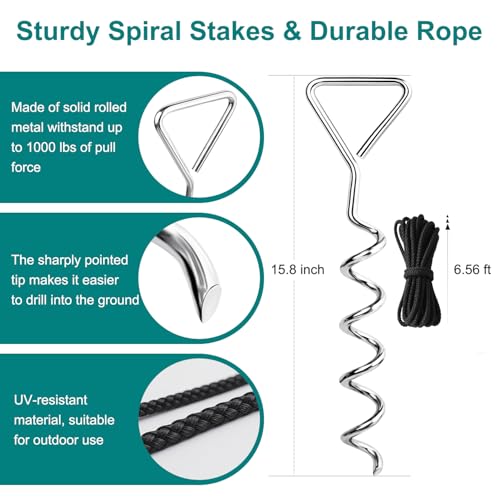 Pool Cover Anchor Kit for Above Ground Pools – 16 Pcs Heavy Duty Spiral Ground Stakes & Windproof Ropes – Secure Tie Down Kit for Winter Pool Cover – Better Alternative to Pool Cover Clips & Weights - Thumbnail 6