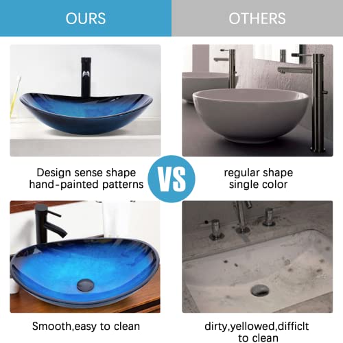 Yimai Ingenuity Vessel Sink 20.8"X13.7" Bathroom Sinks Tempered Glass Art Basin Oval Bowl With Faucet Combo, Ocean Blue #TOP5