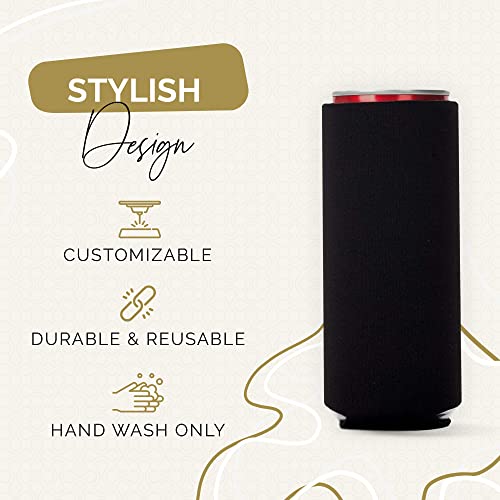 Image of Slim Can Cooler Sleeves 12 Pack- Blank Foldable Neoprene 12oz Can Insulators - Skinny Beverage Coolers for Beer & Soda - Sublimation-Ready (Black)