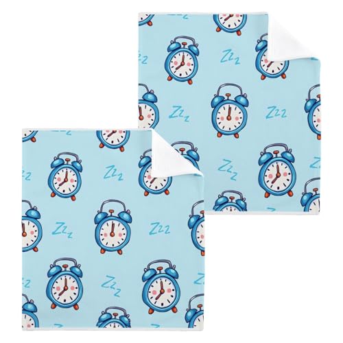 Wash Cloth Set 100% Cotton Fingertip Towels Face Cloths Sets Blue Alarm Clock Highly Absorbent Soft Feel Set of 2