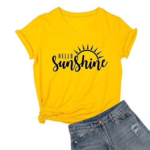DANVOUY Womens Hello Sunshine Shirt Summer Short Sleeve V-Neck Graphic T-Shirt Nature Shirt Tops Tees Yellow Large