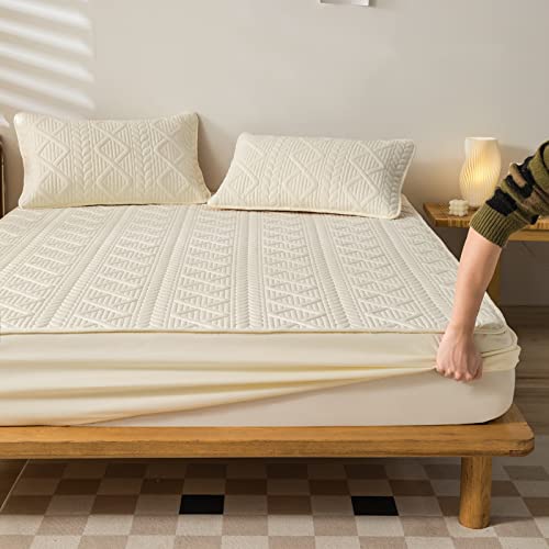 HAIBA - Cubrecolchón de algodón de lujo de 150 x 200 cm + 30 cm, sábana bajera ajustable de jersey blanco, suave y transpirable, disponible en, perfecto para comodidad y apoyo