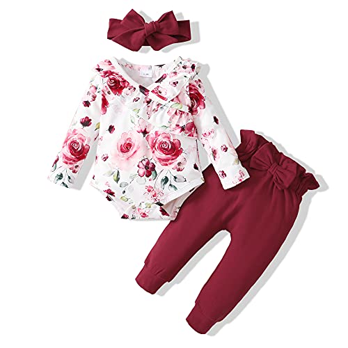 Toddler Baby Girl Clothes Floral Romper Pants Outfits Set Cute Infant Girl Clothes Ruffle Baby Girl Outfits Red 12-18 Months Girl Clothes