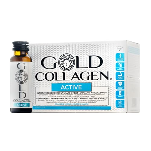 GOLD COLLAGEN Active - Collagene Integratore Liquido con Vitamina C e Glucosamina, Integratore Articolazioni al Collagene Bovino con Acido Ialuronico per Capelli Ossa Pelle, 10 Flaconi da 50 ml