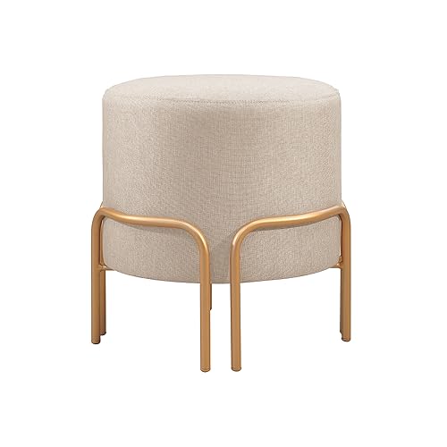 Puff Redondo Torvi em Linho e Base Metal Dourado Agarb Decor Cor:Linho Bege Claro
