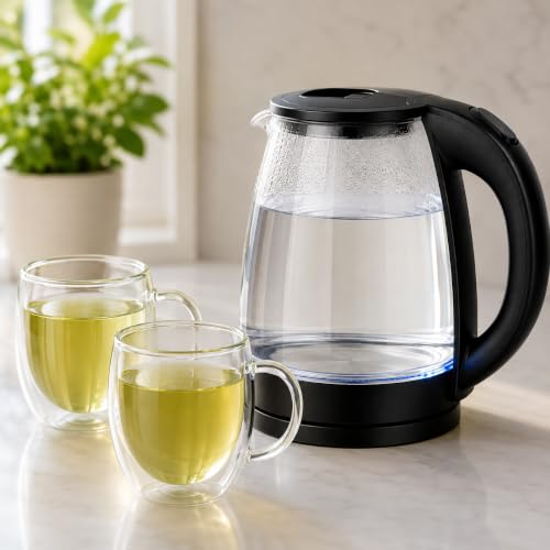 Image of 2 Litre Boroslite Glass Electric Kettle with 2 Double-Wall Glass Cups, 250 ml Each | Combo Set with Blue LED Light | Stylish Beverage Set for Home, Office & Gifting (TRANSPARENT WITH CUPS)