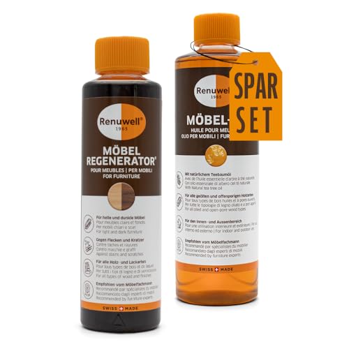 Renuwell Möbel-Regenerator (500 ml) & Möbel-Öl (500 ml) – Regeneration, Pflege & Schutz für Holz, Möbel und Oberflächen, Schweizer Qualität