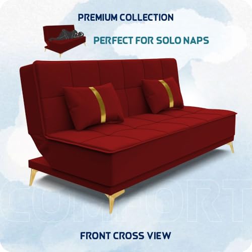Image of Adorn India Premium New Alyssum 3 Seater Sofa Cum Bed 4X6 Velvet Suede with 2 Cushions (Color Red) and Suitable for All Indoor, with 3 Years Warranty