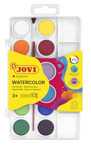 Jovi - zestaw akwarelowy z pędzlem, 12 patelnie 22mm, błyszczące i intensywne kolory, łatwa do rozcieńczenia wodą i szybkoschnąca farba, bezglutenowa (800/12)