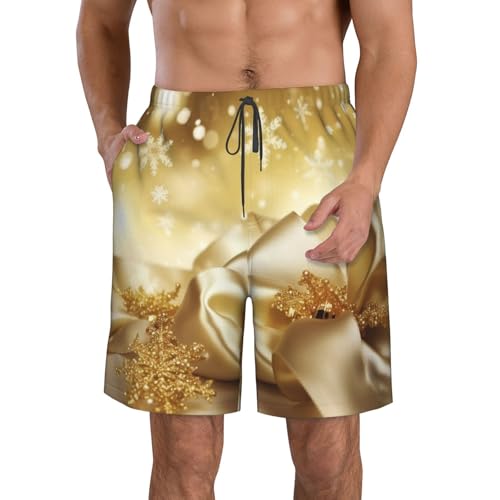 Gold Silk Christmas Men's Swim Trunks Quick Dry Board Shorts with Pockets Casual Drawstring Beach Shorts