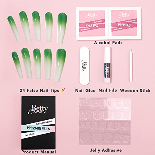 Xtra Long Press On Nails, Bettycora Xxxl Long Coffin Press On Nails Ombre Fake Nails With Nail Glue Acrylic False Nail Tips Kit 12 Sizes 24 Pcs Glue On Nails, Gradient Green #TOP3