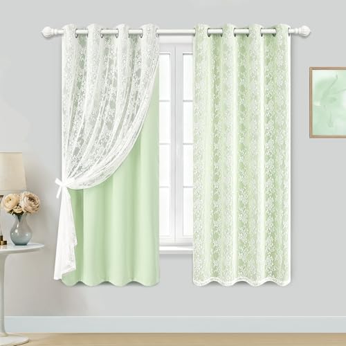 Image of Yinhua Double Layer Blackout Curtains for Bedroom Green Curtains for Living Room 63 Inch Length 2 Panels Set Kid Curtain with Tiebacks, Grommet Drapes with Floral Sheer Overlay, 52 inch W x 63 inch L