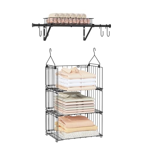BUKFEN 3 Tier Hanging Closet Organizer, Wall Mounted Wire Storage Shelf with 4 Hooks, Foldable Stackable Organizer for Laundry Room, Bedroom, Bathroom, 1 Pack