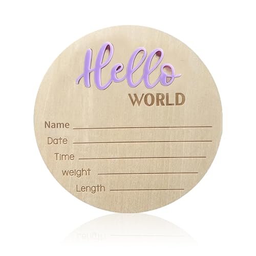 Image of Baby Announcement Sign, ​5.9 Inch Wooden Hello World Newborn Signs, Birth Announcement Sign, Baby Shower Hospital Nursery for Newborn Boys and Girls (Purple)