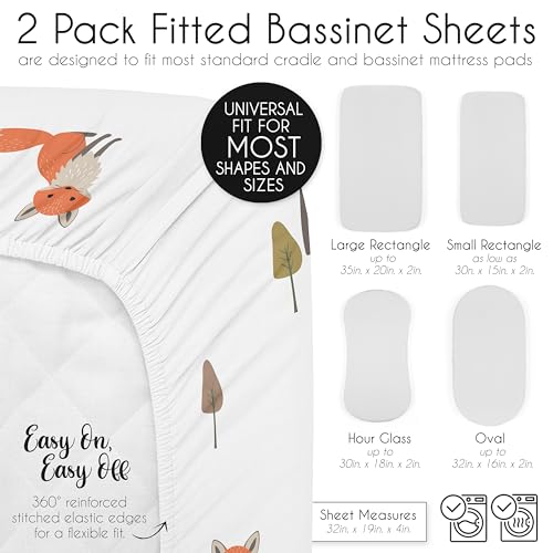 Image of Sweet Jojo Designs 2-Piece Baby Bassinet Sheets Set (Woodland Animals) for Girls & Boys, Infant Nursery, Toddler Room - Oval Rectangle Hourglass Mattress (Solid Green & Watercolor, Forest Friend, Fox)