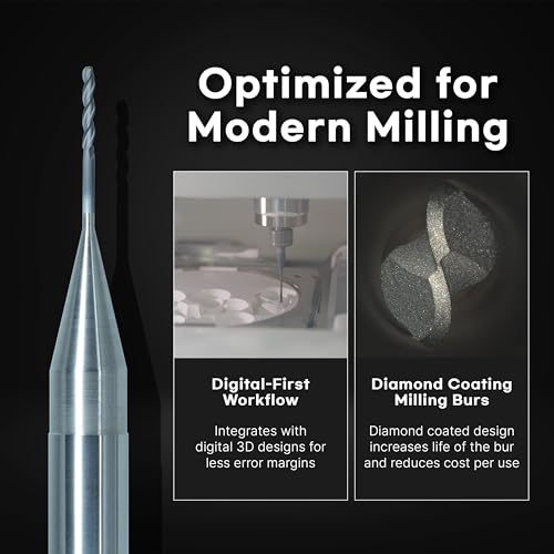 Image of Diamond-Coated Milling Bur 1mm - Compatible with ZIRKONZAHN M1 CAD /CAM Systems for Zirconia, 3-Flute Ball Endmill, 6mm Shank, Long Life