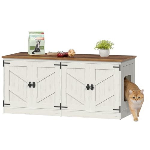 Hzuaneri Katzenschrank für 2 Katzen Katzenklo Schrank 120 x 50 x 54 cm Katzentoilette Schrank Versteckt Bauernhausstil Katzenhaus für den Innenbereich Fernsehschrank Vintagebraun-Weiß 840214X